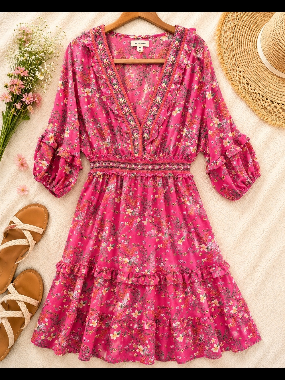 Free People Pink Floral V-Neck Tiered Dress